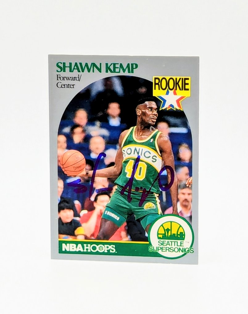 1989/90 NBA Hoops Shawn Kemp - Hand Signed Rookie Card - Beckett Verified Autograph Card - Near Mint (NM) #2.1