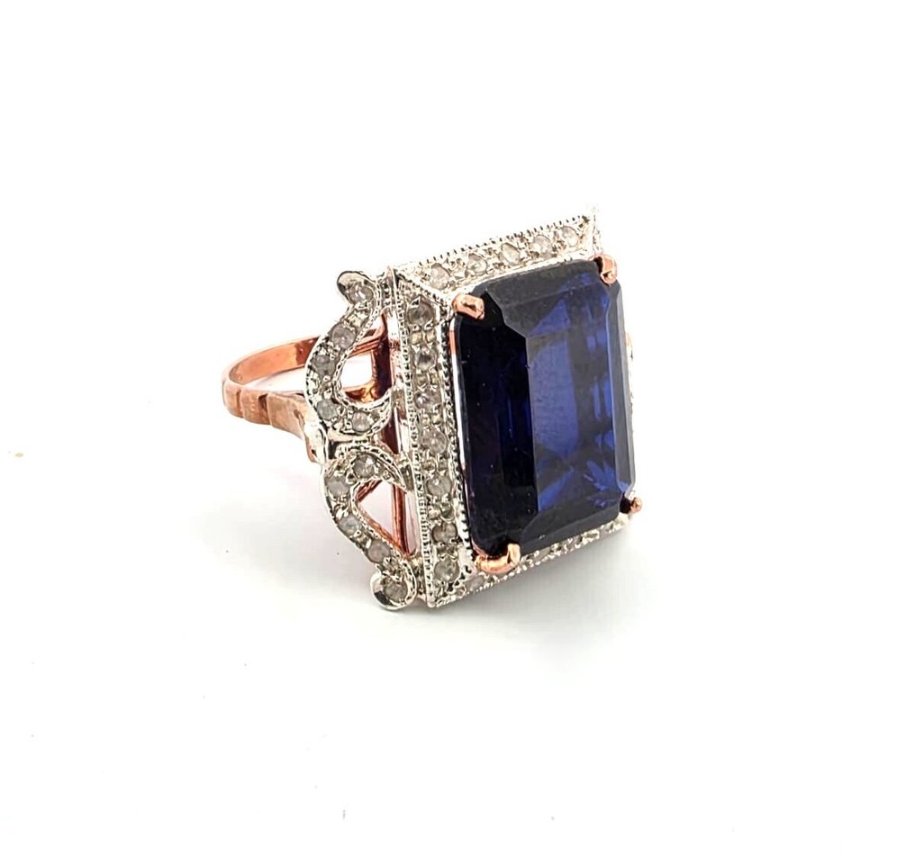 Ohne mindestpreis - Ring - 9 Kt Roségold, Silber Saphir - Diamant #2.1