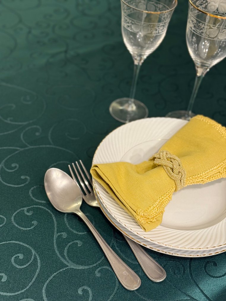 Luxurious Venetian San Leucio deep green ramages damask tablecloth - Baroque classic - Tovaglia  - 1.78 m - 1.4 m #1.0