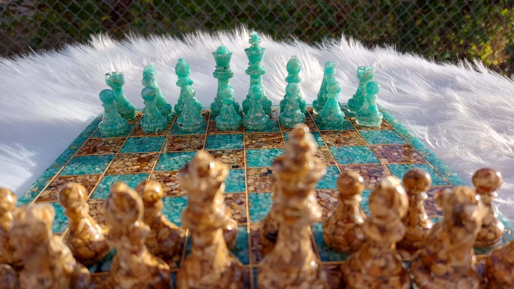 Schackspel - Landscape jasper (Sydafrika), Amazonite (Kanada), Resin #2.1