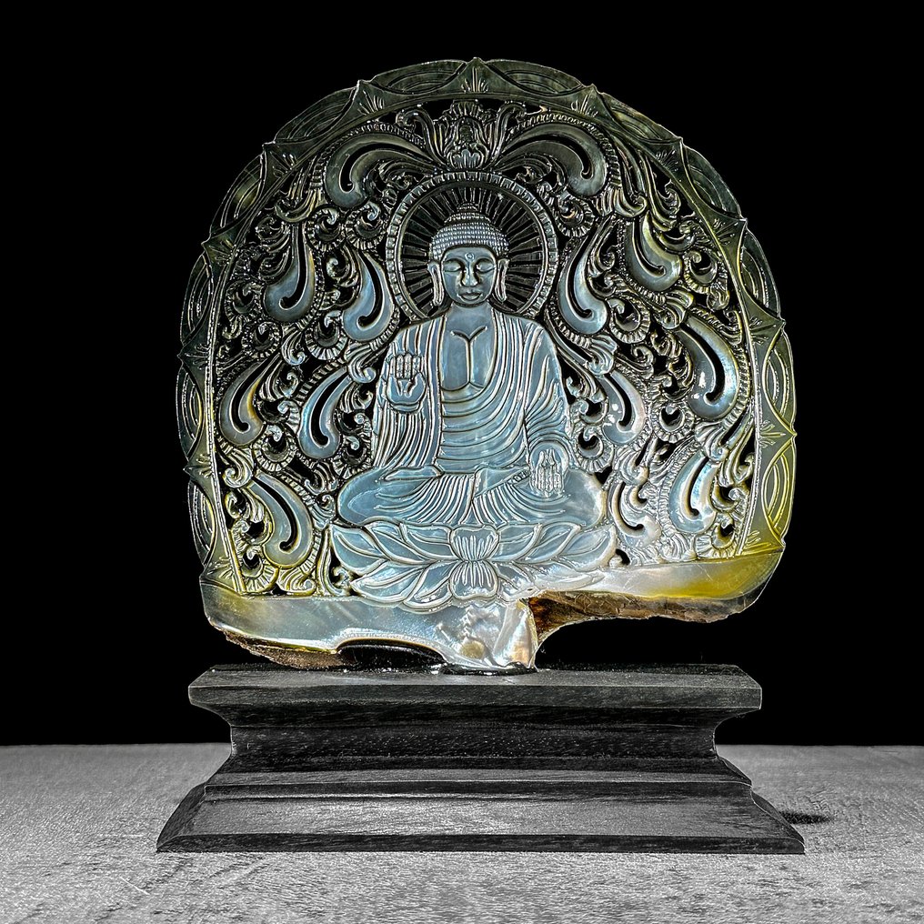 Aufwendig gravierte Perlmutt-Schale - Buddha-Schnitzerei - Seemuschel - Pinctada Maxima (Ohne mindestpreis) #3.2