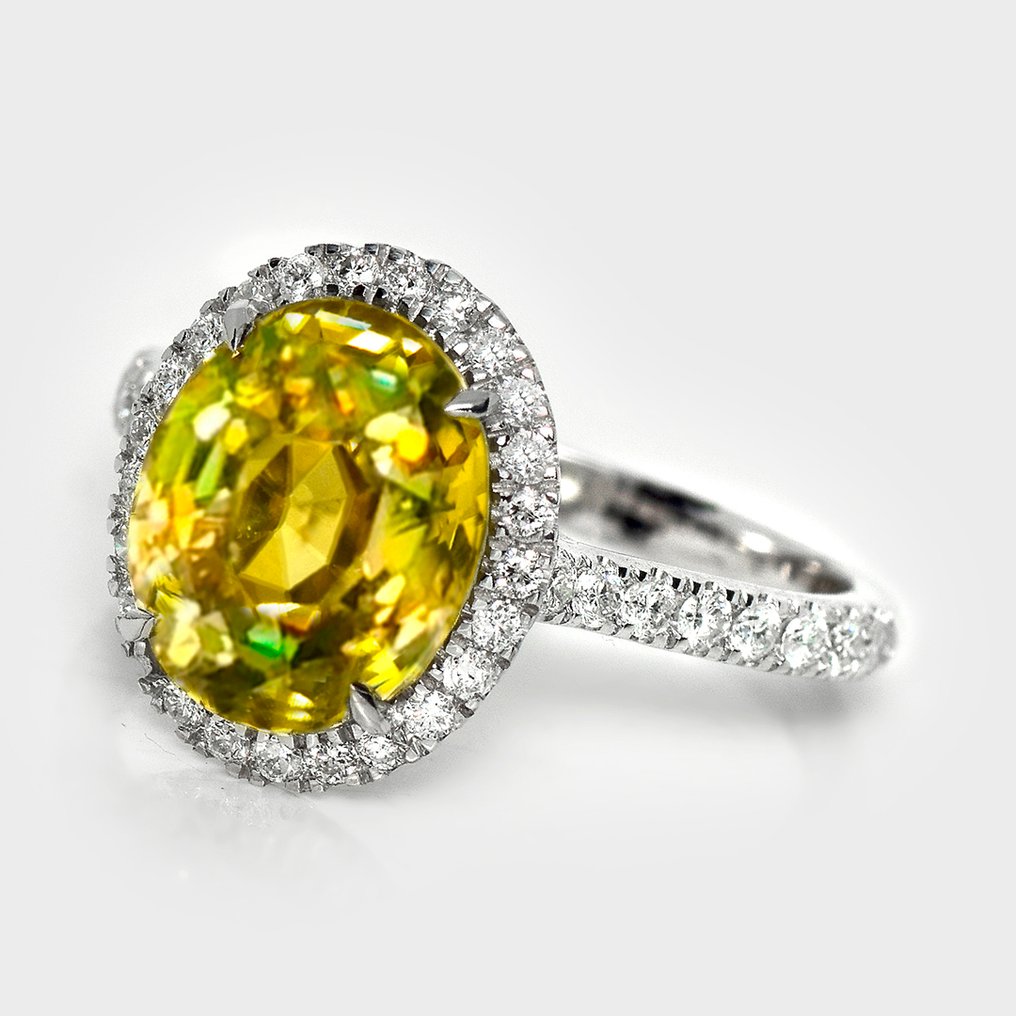 Zonder Minimumprijs - Verlovingsring - 14 karaat Witgoud, HRD 6,67 ct Onverhit Intense Geel - 7.12ct. tw. Zirkoon - Diamant #2.1