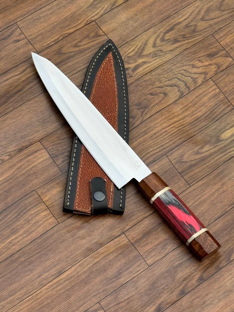 厨刀 - 日本风格。手工厨房刀，非洲乌木。皮革 10/49 - 亚洲 #1.0