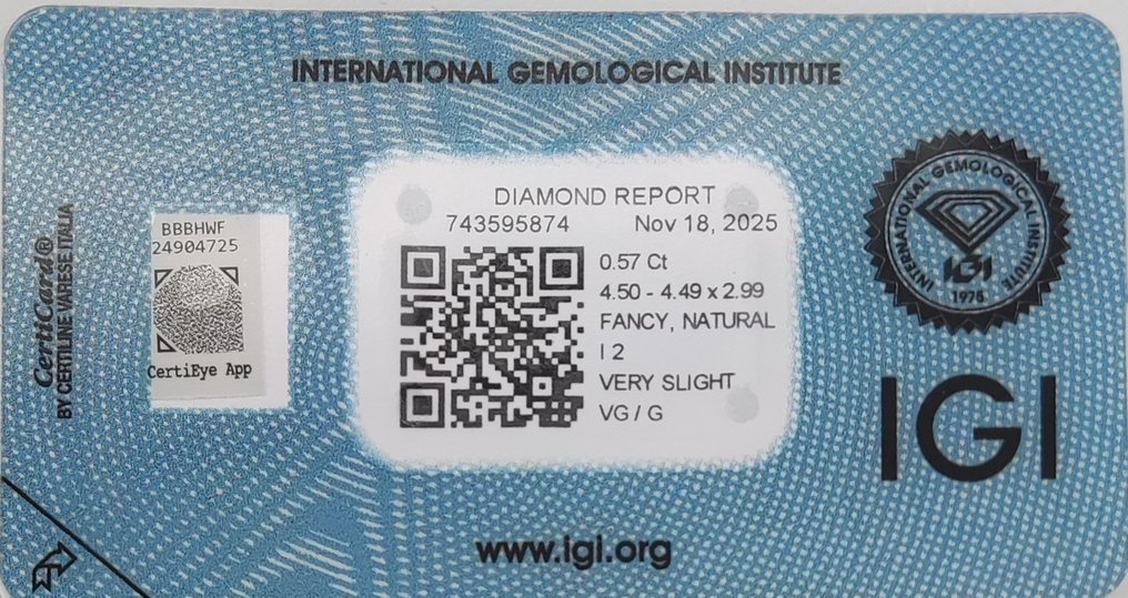 Nincs minimálár - 1 pcs Gyémánt  (Természetes színű)  - 0.57 ct - Párna - Fancy Sárga - I2 - Nemzetközi Gemmológiai Intézet (IGI) #2.1