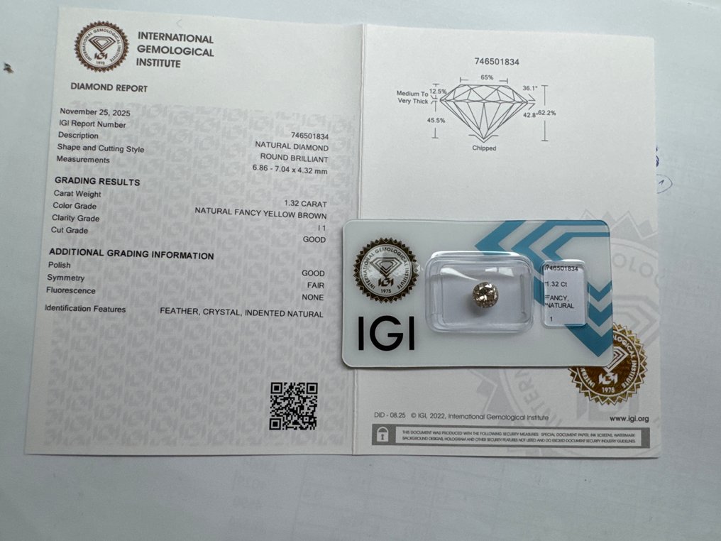 没有保留价 - 1 pcs 钻石 (天然色彩的) - 1.32 ct - 圆形 - Fancy 黄色, 棕色 - I1 内含一级 - 国际宝石研究院(IGI) #3.2