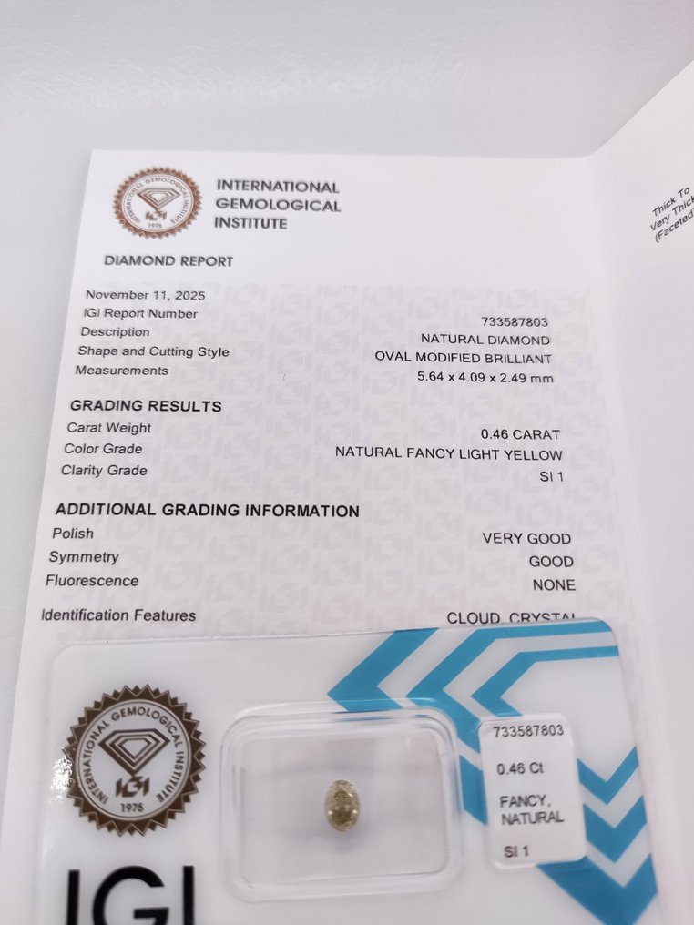 没有保留价 - 1 pcs 钻石  (天然色彩的)  - 0.46 ct - 椭圆形 - Fancy light 黄色 - SI1 微内含一级 - 国际宝石研究院（IGI） #3.2