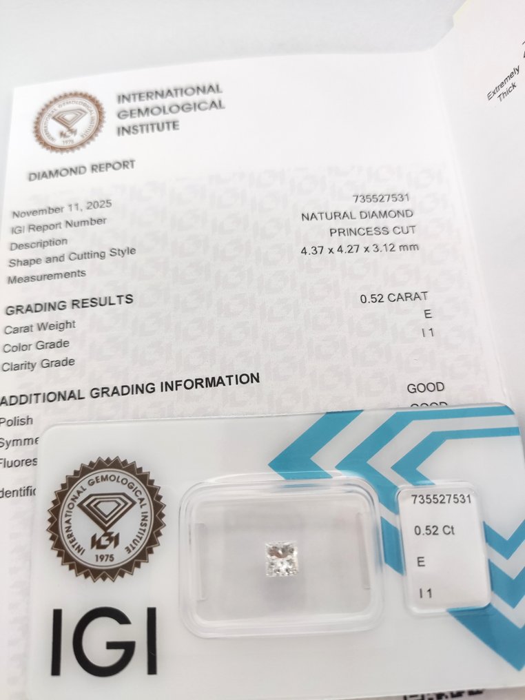 χωρίς τιμή ασφαλείας - 1 pcs Διαμάντι  (Φυσικό)  - 0.52 ct - E - I1 - International Gemological Institute (IGI) #3.2