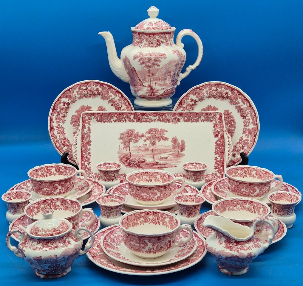 Copeland Spode – „Rhine“ – Kaffeeservice, rot transferbedruckt - Kahviastiasto - Posliini #1.0