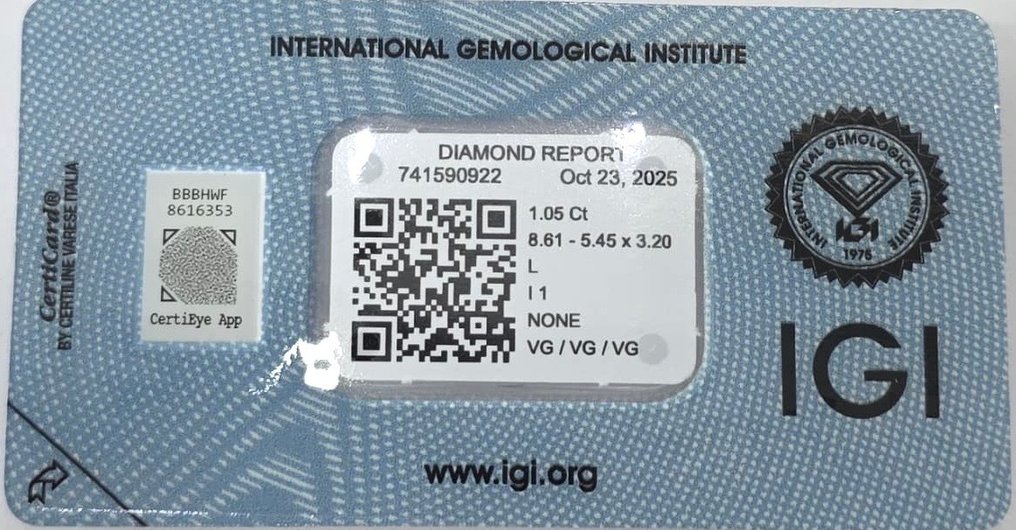 No reserve price - 1 pcs Diamond  (Natural)  - 1.05 ct - Oval - L - I1 - International Gemological Institute (IGI) #3.2