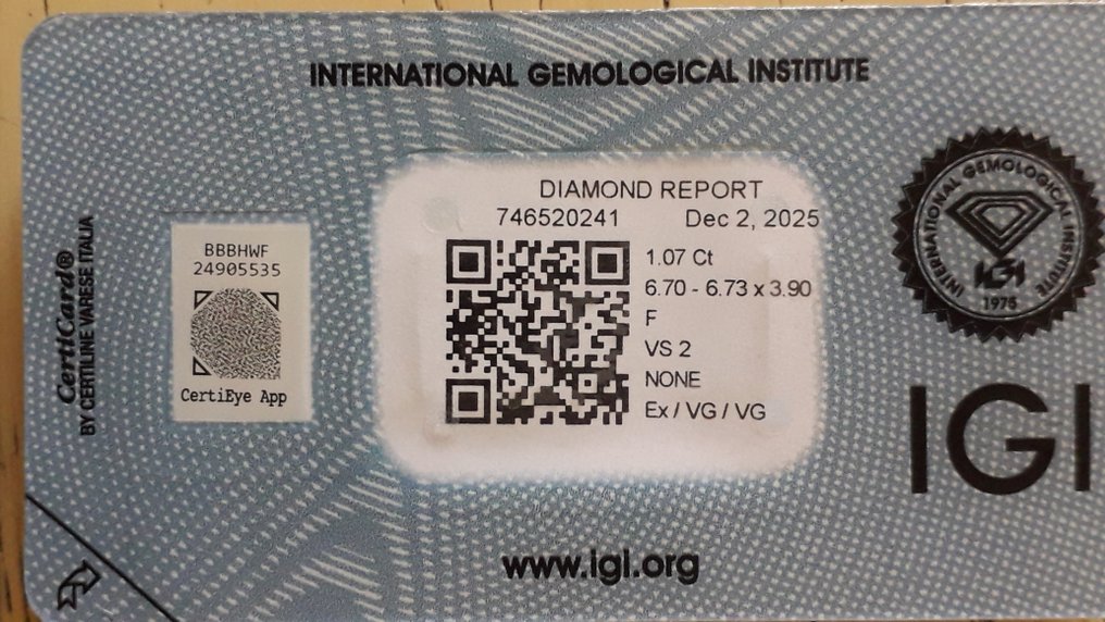 没有保留价 - 1 pcs 钻石  (天然)  - 1.07 ct - 圆形 - F - VS2 轻微内含二级 - 国际宝石研究院（IGI） #3.2