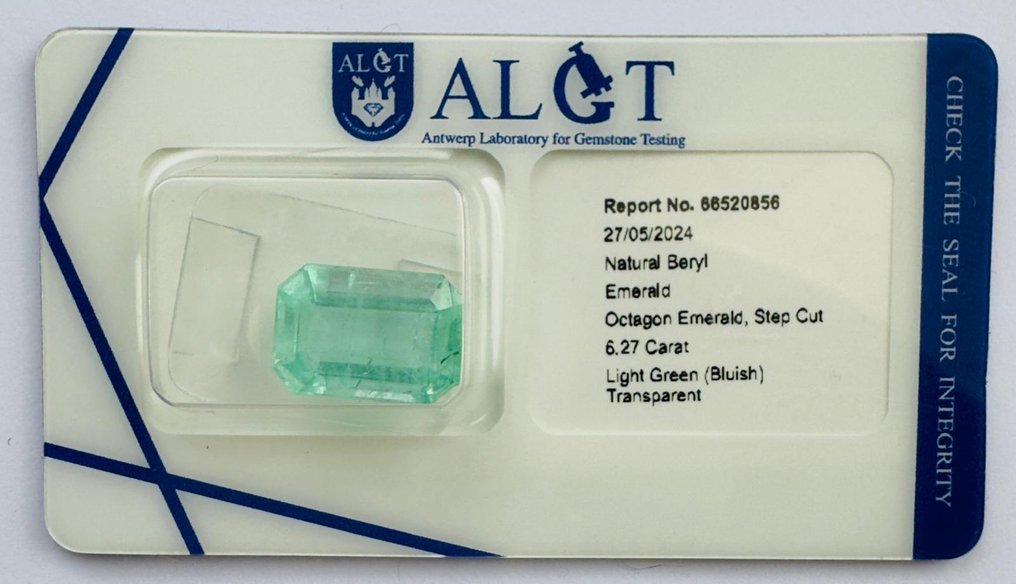 No Reserve Price - 1 pcs  Green Beryl  - 6.27 ct - Antwerp Laboratory for Gemstone Testing (ALGT) #1.0