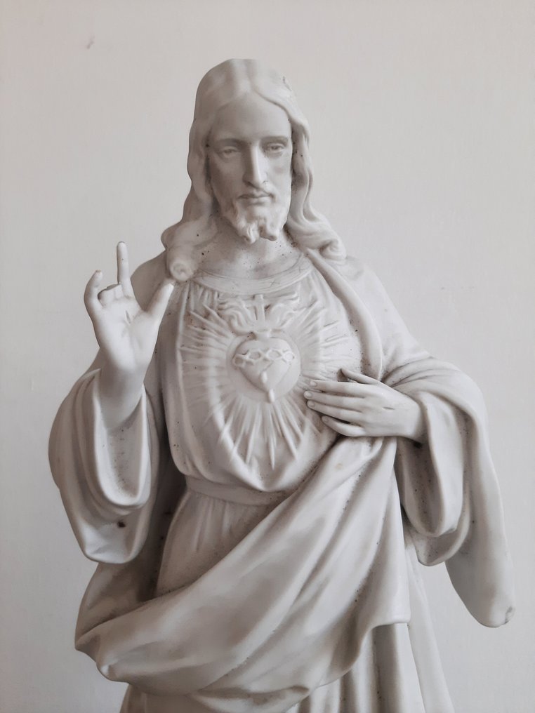 Det Hellige Hjerte - Porselen - 1800-1850 - Signert XIX kjeksestatue #2.1
