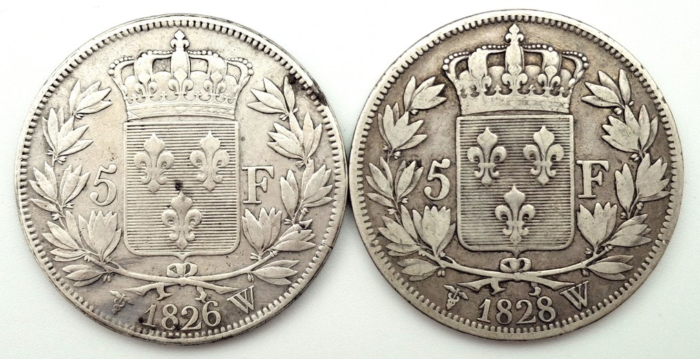 France. Charles X. 5 Francs 1826-W & 1828-W (lot of 2 coins) (No Reserve Price) #1.0