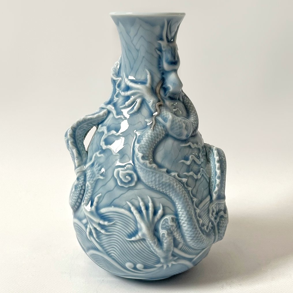 Lladró - Βάζο - Γυαλίκι σελάνης, Γυαλισμένο πορσελάνη - Υψηλής ανάγλυφης μπλε δράκος #2.1