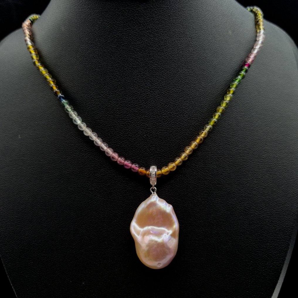 Μαργαριτάρι - Ασημί, Κολιέ με χάντρες Tourmaline με μεγάλο κόσμημα από μαργαριτάρι μπαρόκ γλυκού νερού - Κολιέ με μενταγιόν #1.0