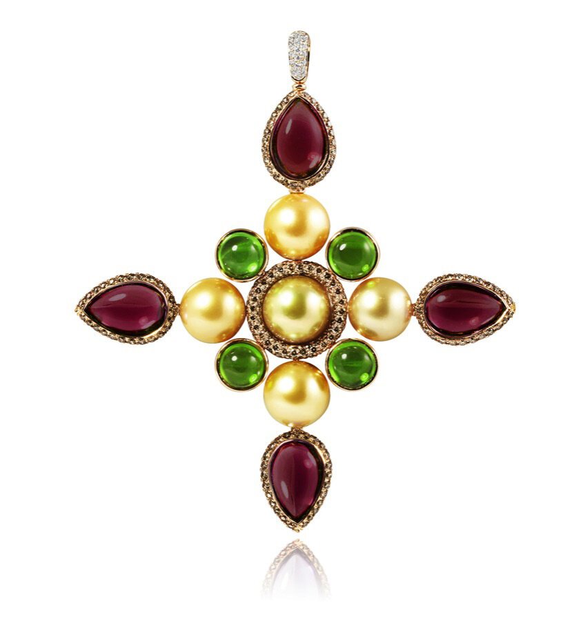 Other brand - Κολιέ με μενταγιόν - Mario Buzzanca - 18 καράτια Ροζ χρυσό -  92.72ct. tw. Μαργαριτάρι - Περίδοτο - Μεσαιωνική Ρομαντική Σταυρός #1.0