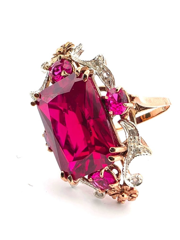 没有保留价 - 戒指 - 9 kt. 玫瑰金, 银 红宝石 - 钻石 #2.1