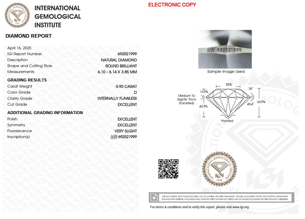 1 pcs Diamond (Natural) - 0.90 ct - Round - D (colourless) - IF - International Gemological Institute (IGI) - Ex Ex Ex #3.2