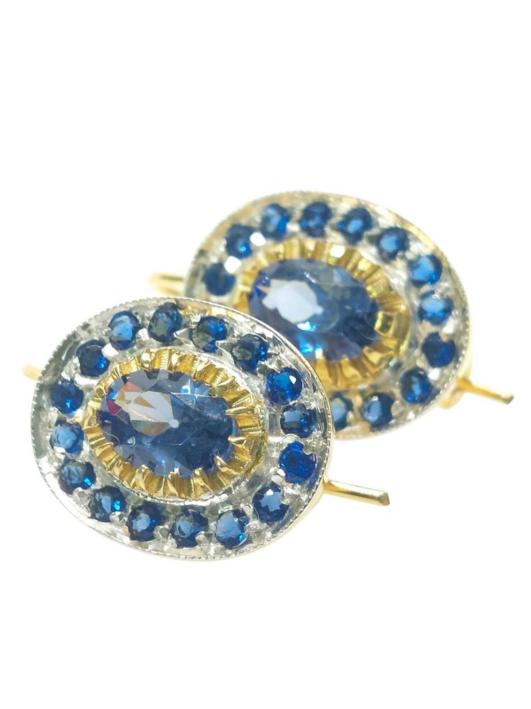 没有保留价 - 耳环 - 9 kt. 银, 黄金 蓝宝石 - 蓝宝石 #1.0