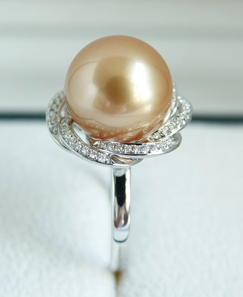 Δαχτυλίδι 18 καρατίων λευκόχρυσο - 24K χρυσή κορεσμός, στρογγυλό, 12.69 mm - Χρυσή Νότια Θάλασσα. Μαργαριτάρι - Διαμάντι - Μέγεθος: US 9 Δωρεάν Ρύθμιση Μεγέθους #3.2