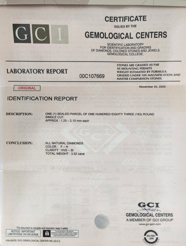 没有保留价 - 183 pcs 钻石  (天然)  - 3.52 ct - 圆形 - H, F - SI1 微内含一级, VVS1 极轻微内含一级 - 以色列宝石中心（G.C.I.） - 单次切割 #2.1