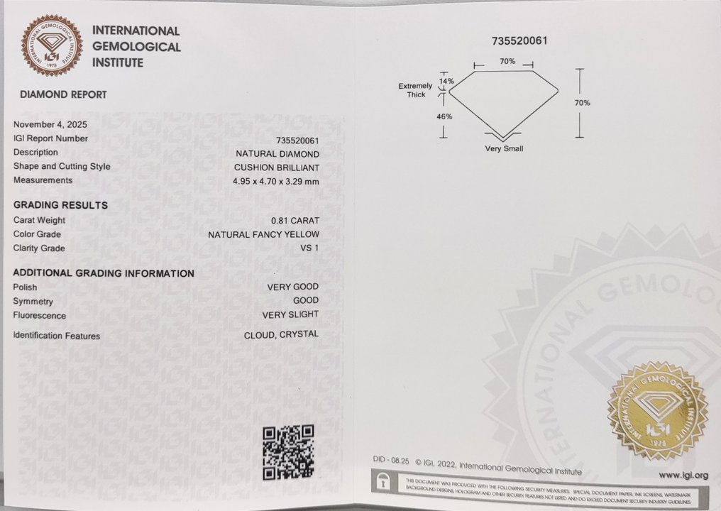 No reserve price - 1 pcs Diamond  (Natural coloured)  - 0.81 ct - Cushion - Fancy Yellow - VS1 - International Gemological Institute (IGI) #4.3