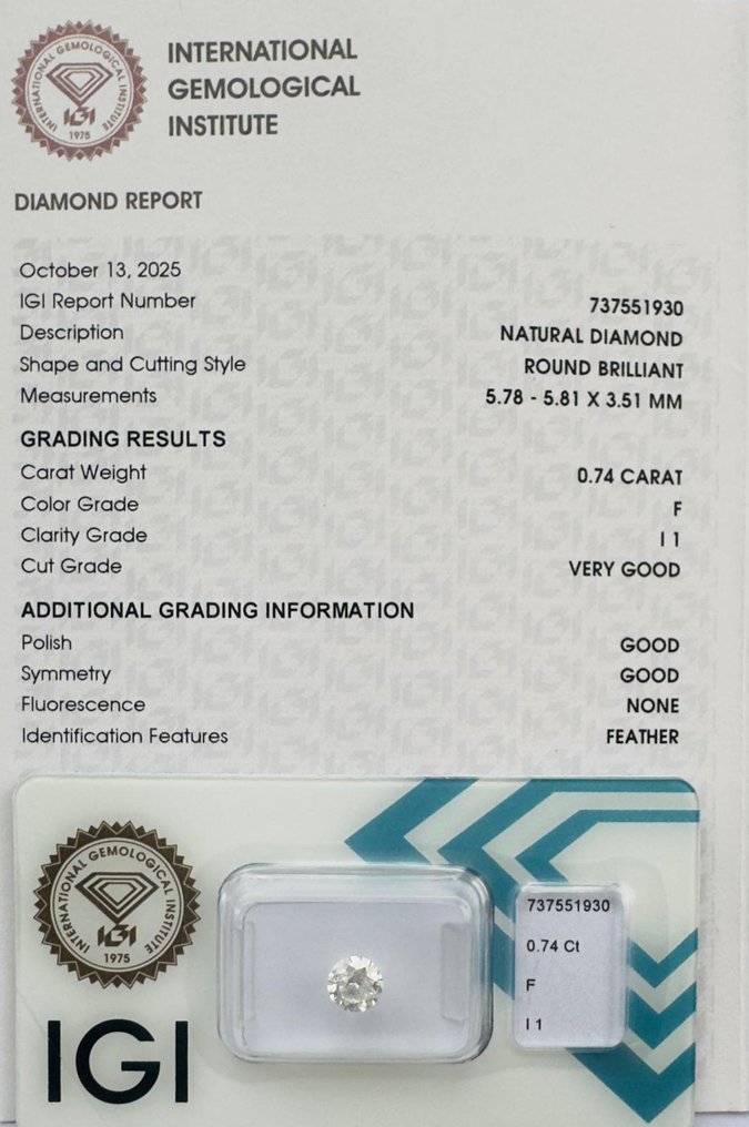 没有保留价 - 1 pcs 钻石  (天然)  - 0.74 ct - 圆形 - F - I1 内含一级 - 国际宝石研究院（IGI） #3.2