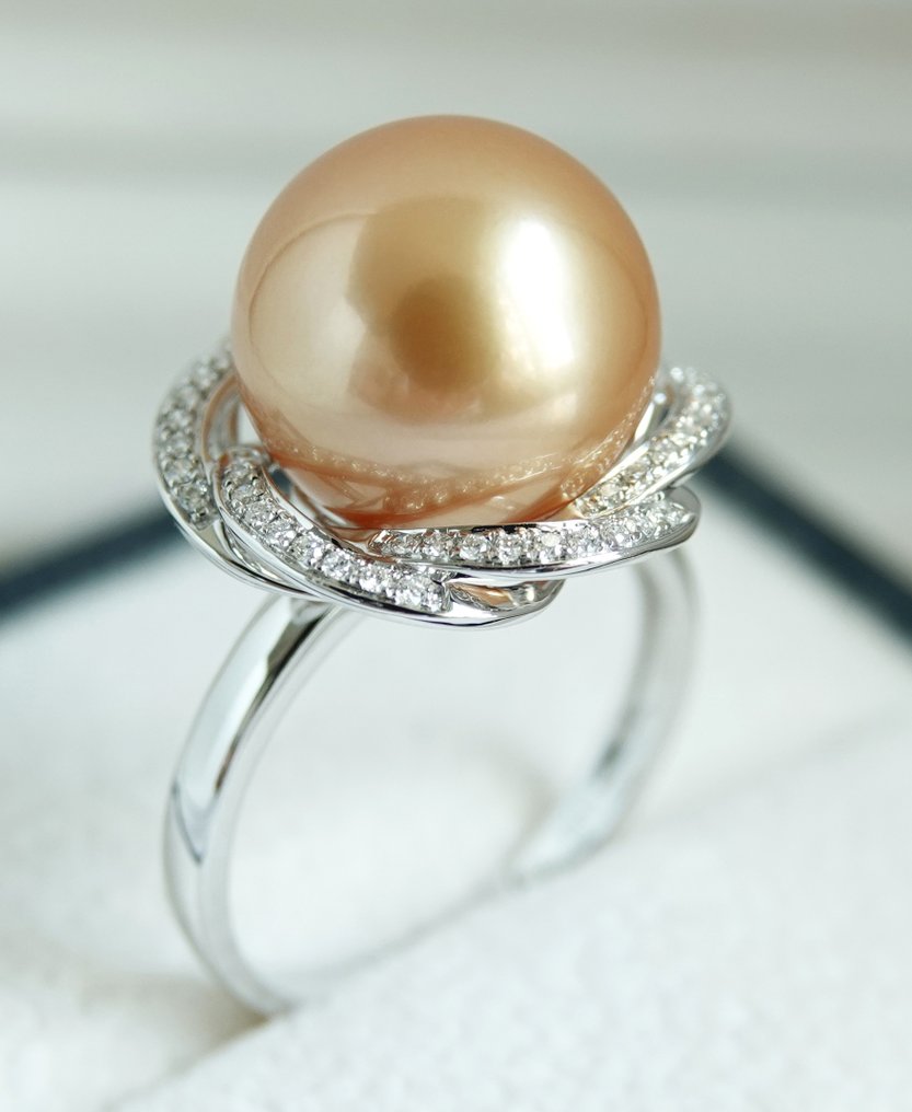 Δαχτυλίδι 18 καρατίων λευκόχρυσο - 24K χρυσή κορεσμός, στρογγυλό, 12.69 mm - Χρυσή Νότια Θάλασσα. Μαργαριτάρι - Διαμάντι - Μέγεθος: US 9 Δωρεάν Ρύθμιση Μεγέθους #4.3