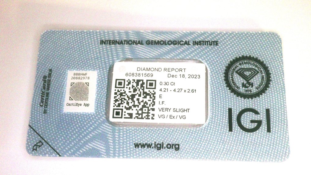 No Reserve Price - 1 pcs Diamond (Natural) - 0.30 ct - Round - E - IF - International Gemological Institute (IGI) #1.0