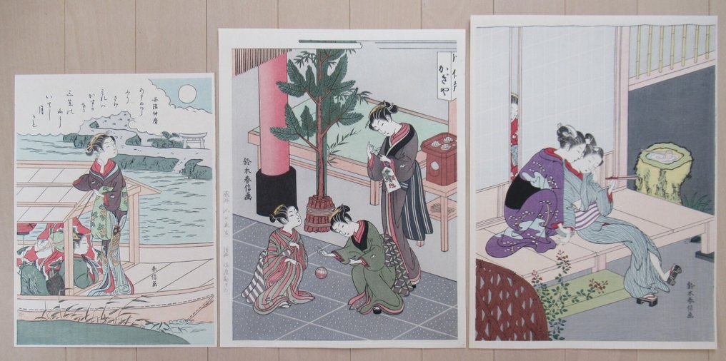 Lovers on a veranda(R), Kagiya Shop(M), and Poem by Abe no Nakamaro, from an untitled series of One - Suzuki Harunobu - Japão #1.0