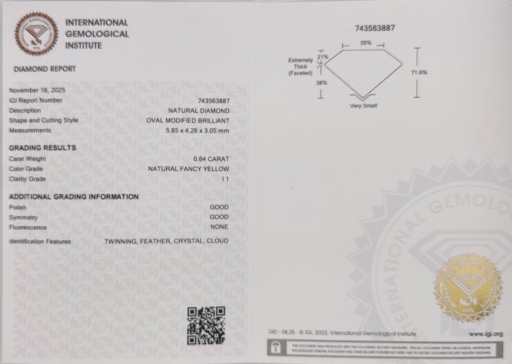 χωρίς τιμή ασφαλείας - 1 pcs Διαμάντι  (Φυσικού χρώματος)  - 0.64 ct - Οβάλ - Fancy Κίτρινο - I1 - International Gemological Institute (IGI) #4.3
