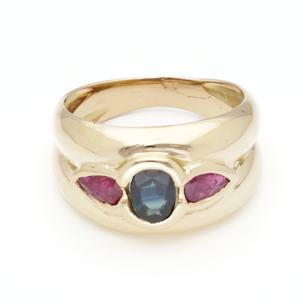 戒指 - 18 克拉 黃金 藍寶石 - 紅寶石 #1.0