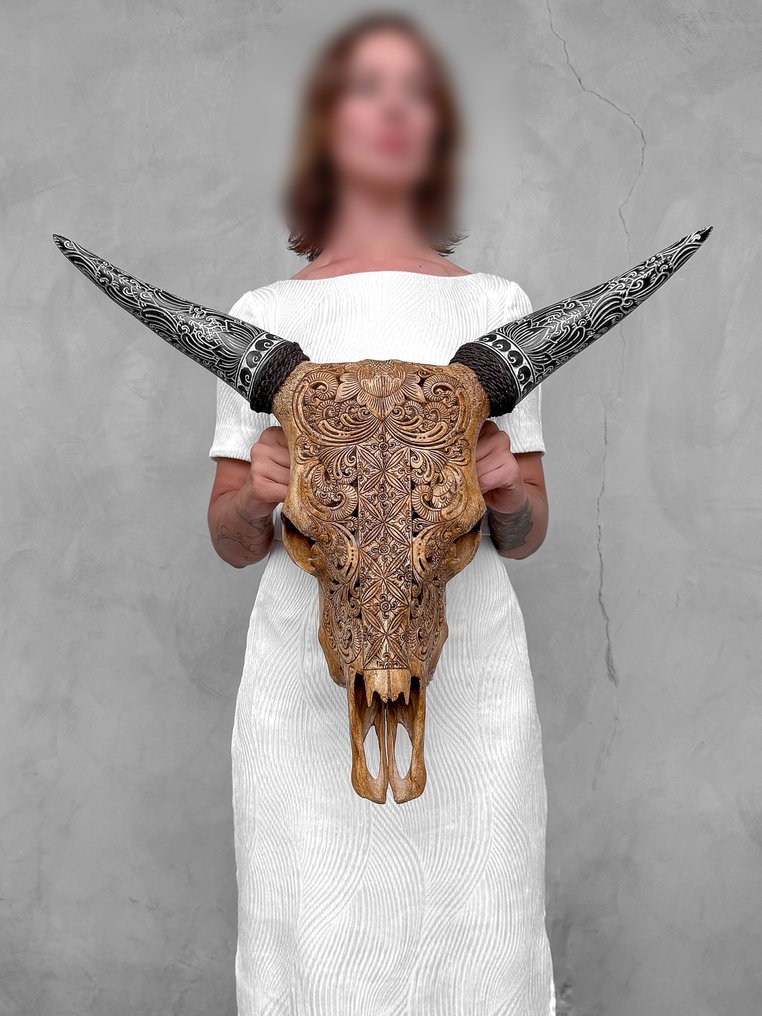 NO RESERVE PRICE - Brown Cow Skull with Bohemian Carved Horns - Ketimun Lotus Motif- Carved skull - Bos Taurus - 54 cm - 63 cm - 19 cm- Non-CITES species - (1) #2.1