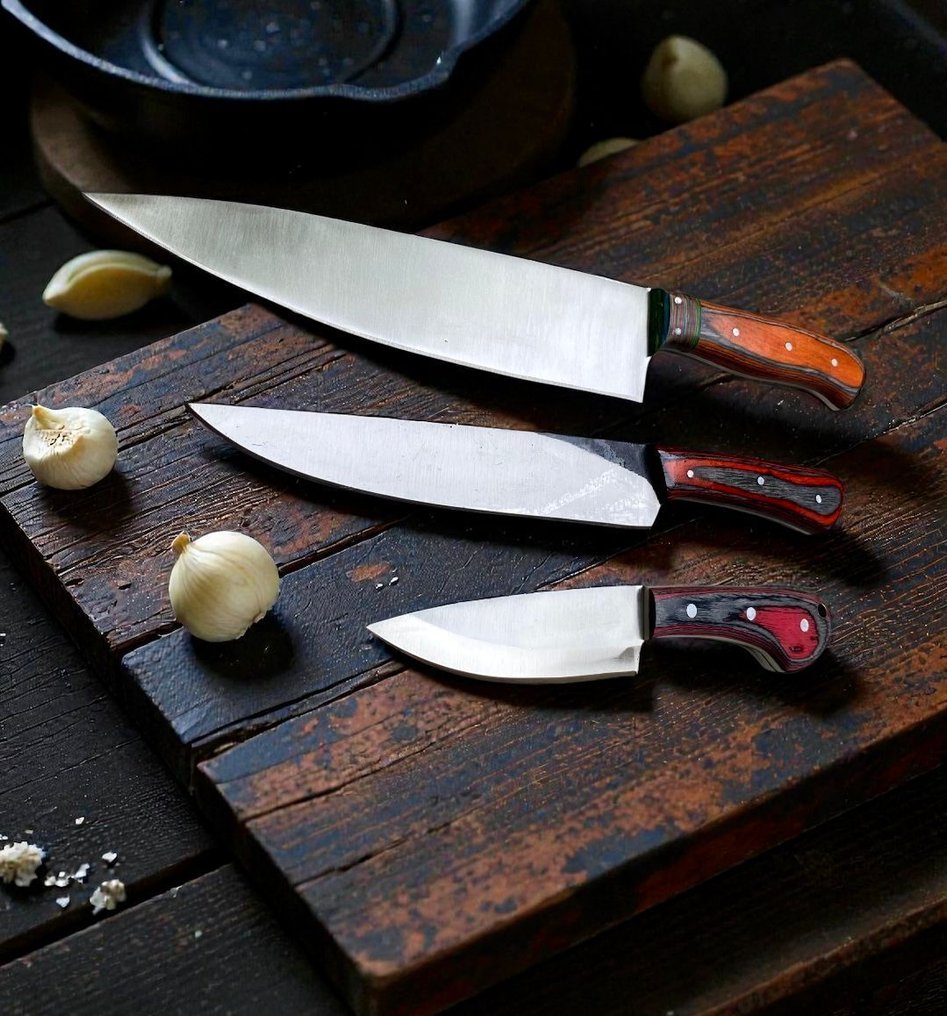 Set of THREE, Hand-Forged with Old Steel, Japanese Style Knives from Elite - Coltello da cucina - Chef's knife - Acciaio, Legno, Set squisito di 3 coltelli vintage in acciaio giapponese vecchio forgiato a mano. - Giappone #2.1