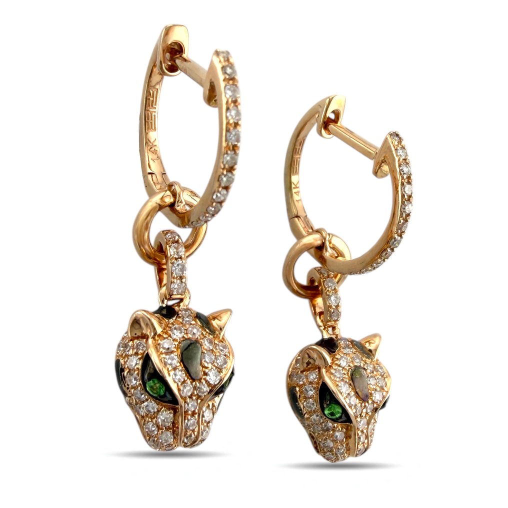 耳環 - 14 克拉 独家14K玫瑰金钻石、翡翠和珐琅豹纹耳环, 玫瑰金 - 1.00ct. tw. 鉆石 (天然) #1.0