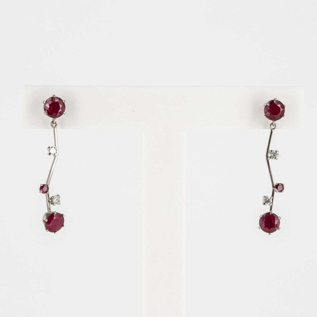 耳环 - 18K包金 白金 - 5.20ct. tw. 红宝石 - 钻石 #1.0