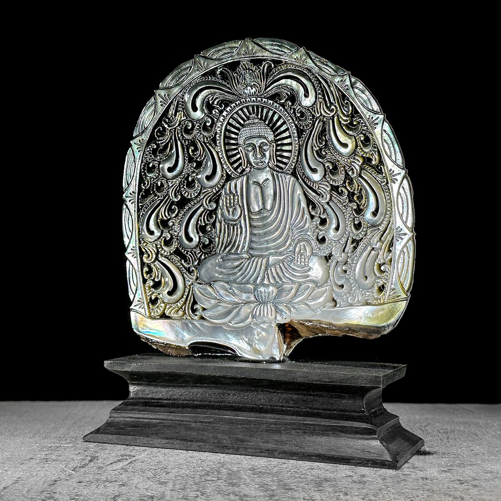 Aufwendig gravierte Perlmutt-Schale - Buddha-Schnitzerei - Seemuschel - Pinctada Maxima (Ohne mindestpreis) #4.3