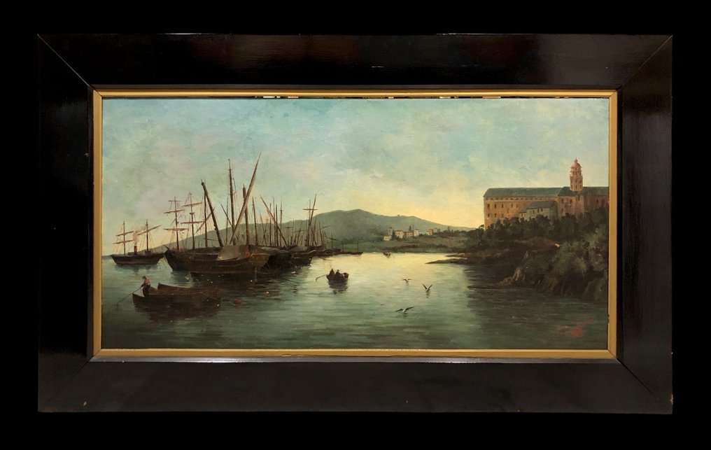 École de Málaga (c. 1880) - Vue du Port avec la Tour de la Cathédrale et le Palais des Douanes - XL #1.0