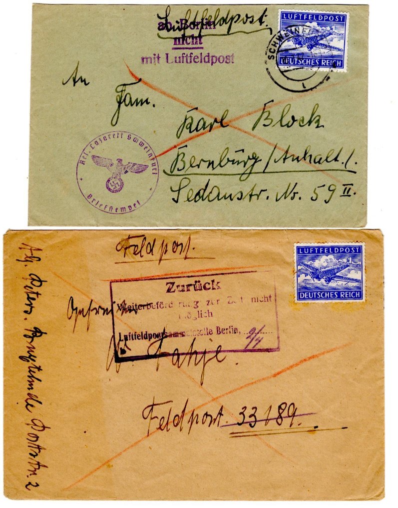 Γερμανική Αυτοκρατορία 1942 - 2 καλύτερα αποδεικτικά Luftfeldpost Β' Παγκοσμίου Πολέμου με μπλε πινακίδα κυκλοφορίας. #1.0