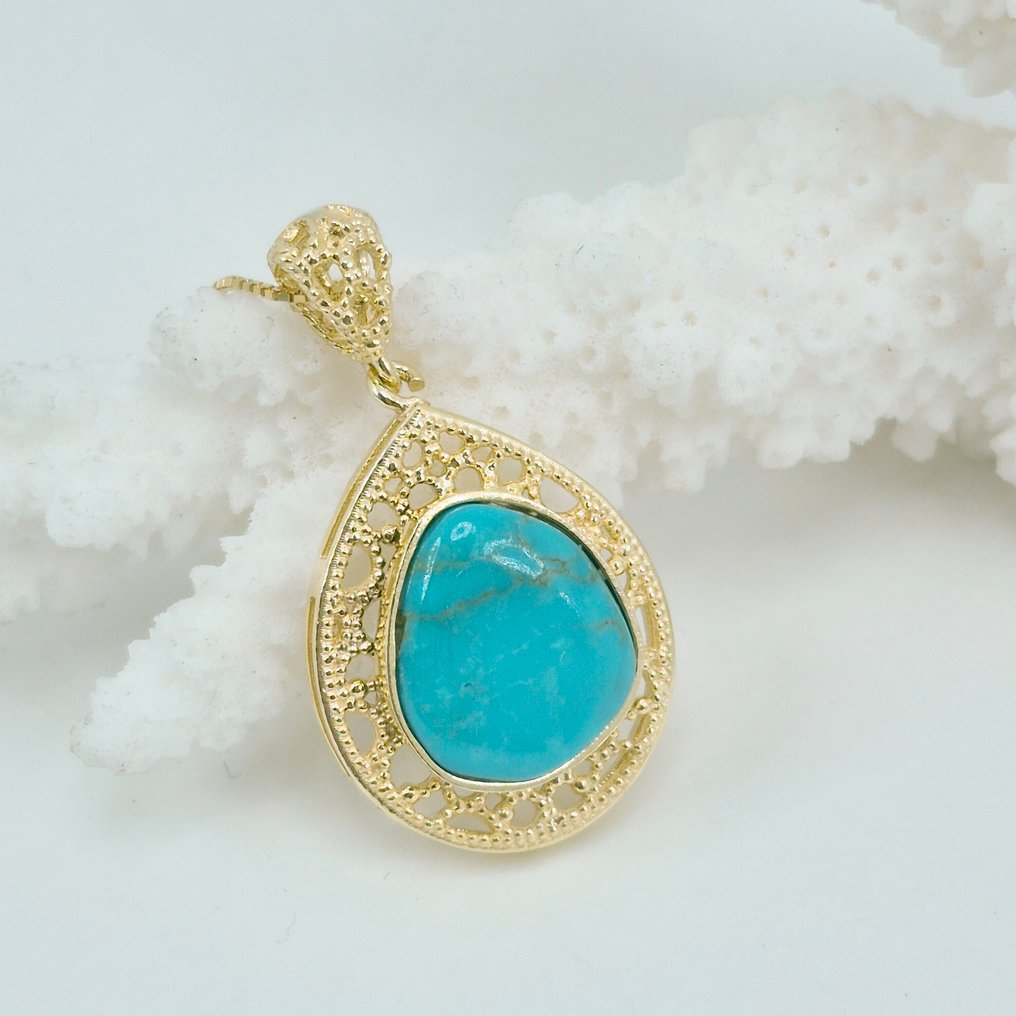 綠松石 - 銀, 鍍金 - 吊墜頸鏈 - 美国奶油色 #1.0