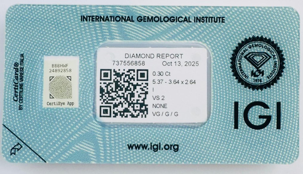 没有保留价 - 1 pcs 钻石  (天然)  - 0.30 ct - 梨形 - I - VS2 轻微内含二级 - 国际宝石研究院（IGI） #1.0