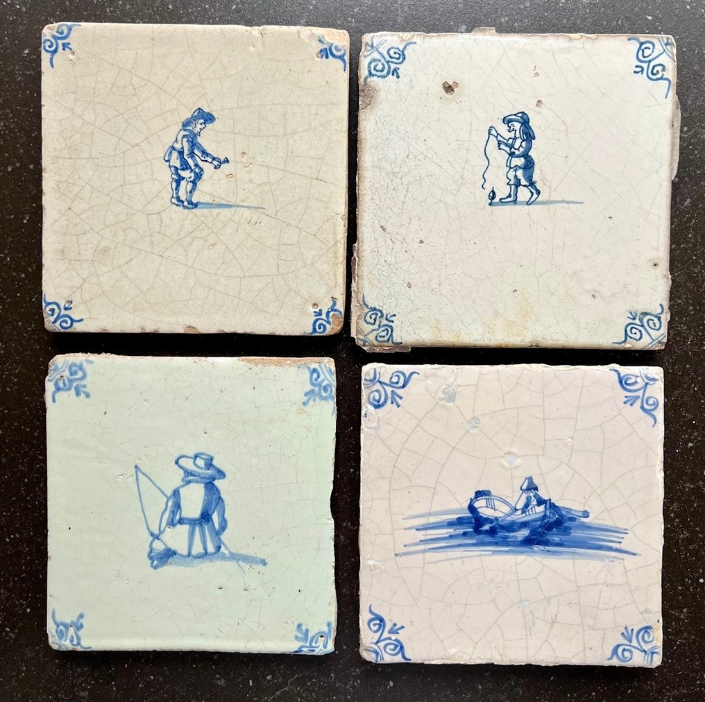  Tile (4) - Landman + child with toll + fisherman + roe fisher - 1600-1700 - Delft Blue  #1.0