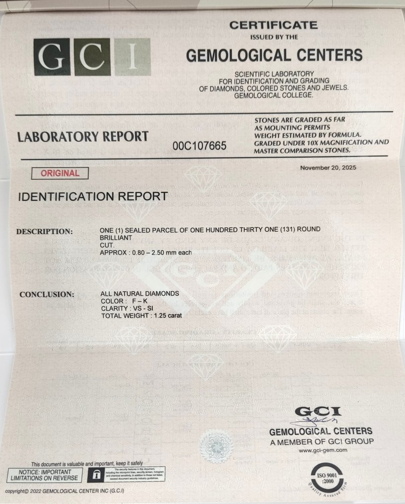 没有保留价 - 131 pcs 钻石  (天然)  - 1.25 ct - 圆形 - F, K - VS1 轻微内含一级, SI1 微内含一级 - 以色列宝石中心（G.C.I.） - 单次切割 #2.1