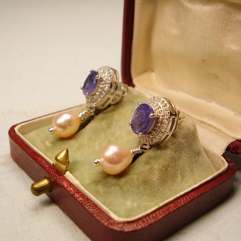 χωρίς τιμή ασφαλείας - Σκουλαρίκια Ασημί - 6.16ct. tw. Τανζανίτης - Διαμάντι - Χειροτεχνία + καλλιεργημένες μαργαρίτες #3.2