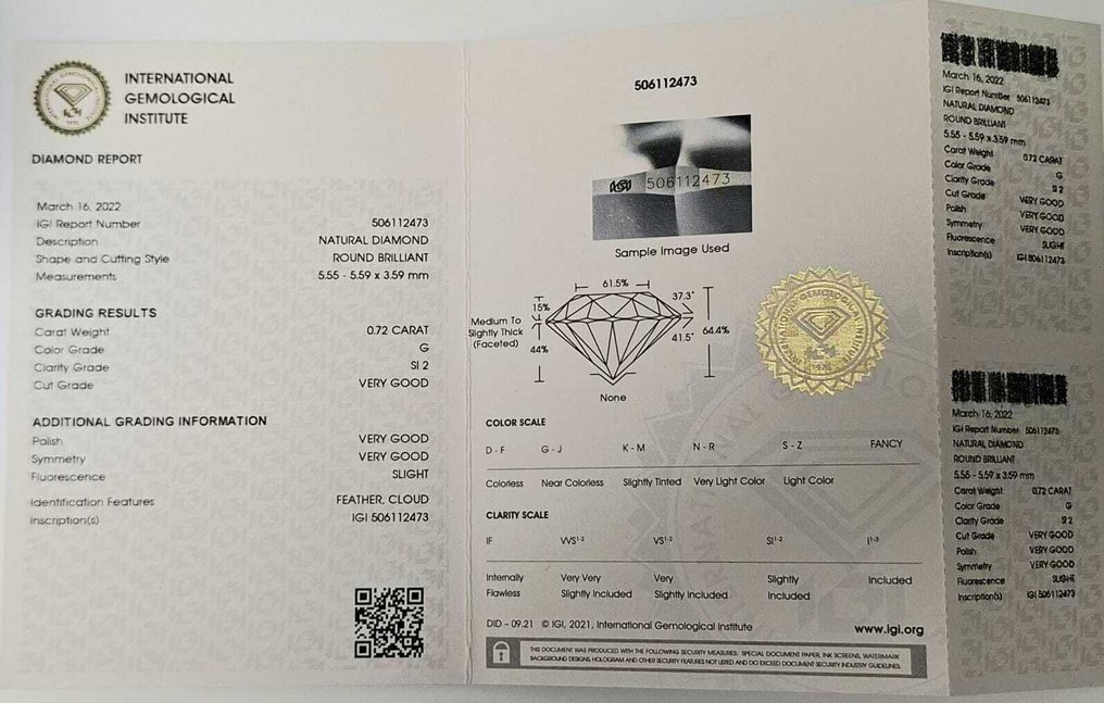 1 pcs Diamond (Natural) - 0.72 ct - Round - G - SI2 - International Gemological Institute (IGI) #1.0