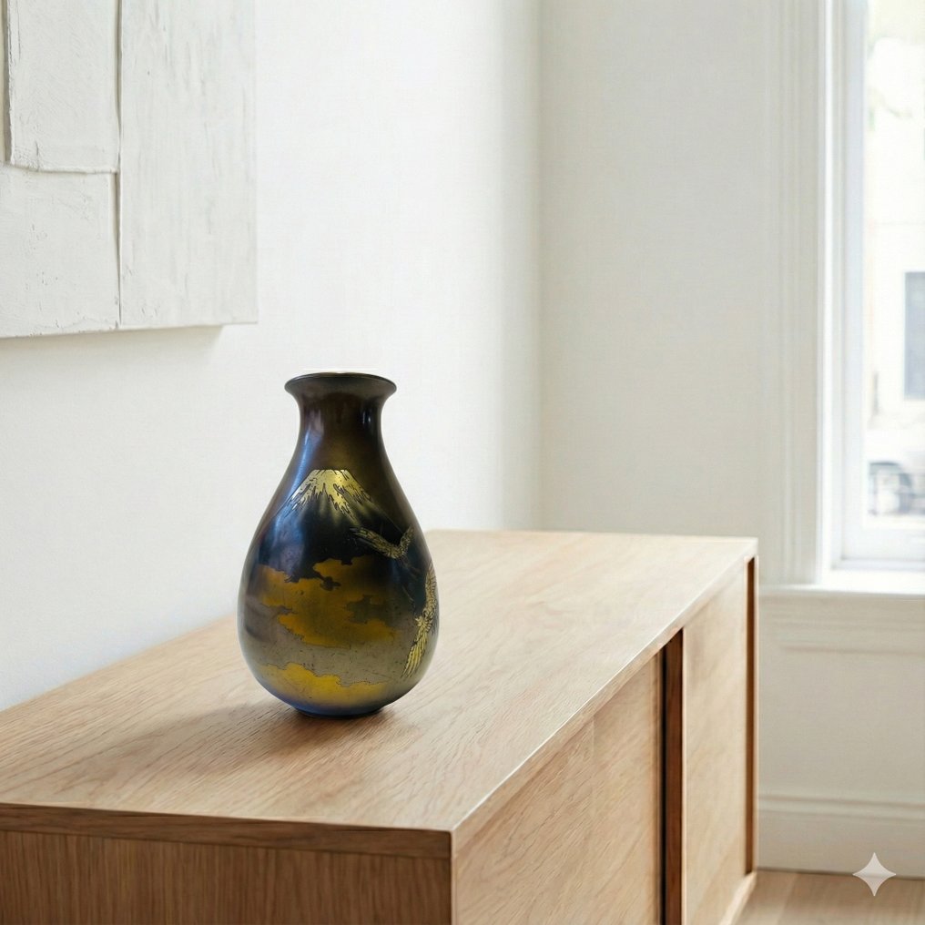 镶嵌富士山和鹤图案的铜花瓶——日本青铜金工 - 瓷 - 日本 - Shōwa period (1926-1989) #1.0