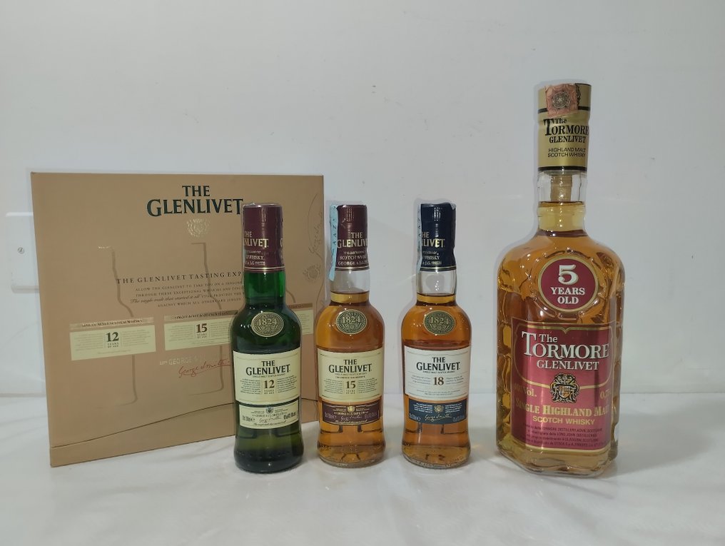 Glenlivet 12yo - 15yo - 18yo Tasting Experience + Tormore 5y - 20 cl, 75 cl - 4 flasker #1.0