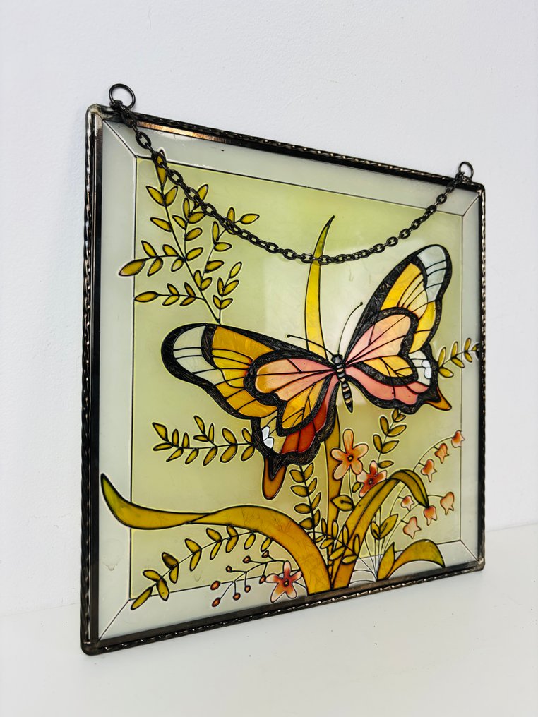 Window frame- Hand-painted hanging glass window with butterfly - Glass, Aluminium #3.2