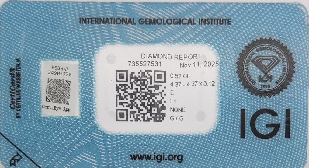 χωρίς τιμή ασφαλείας - 1 pcs Διαμάντι  (Φυσικό)  - 0.52 ct - E - I1 - International Gemological Institute (IGI) #2.1