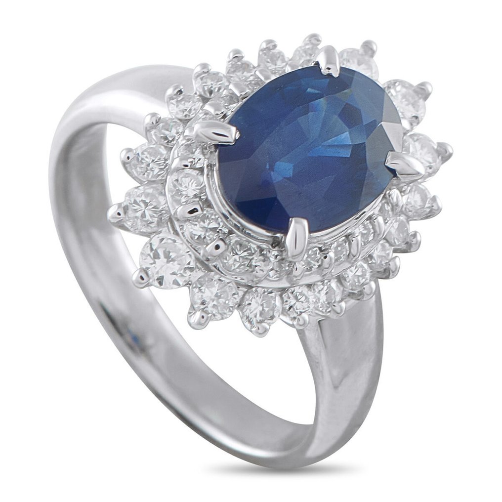 Bague Platine, Bague double halo en platine avec diamant de 0,60 ct et saphir de 1,90 ct - 2.50ct. tw. #1.0